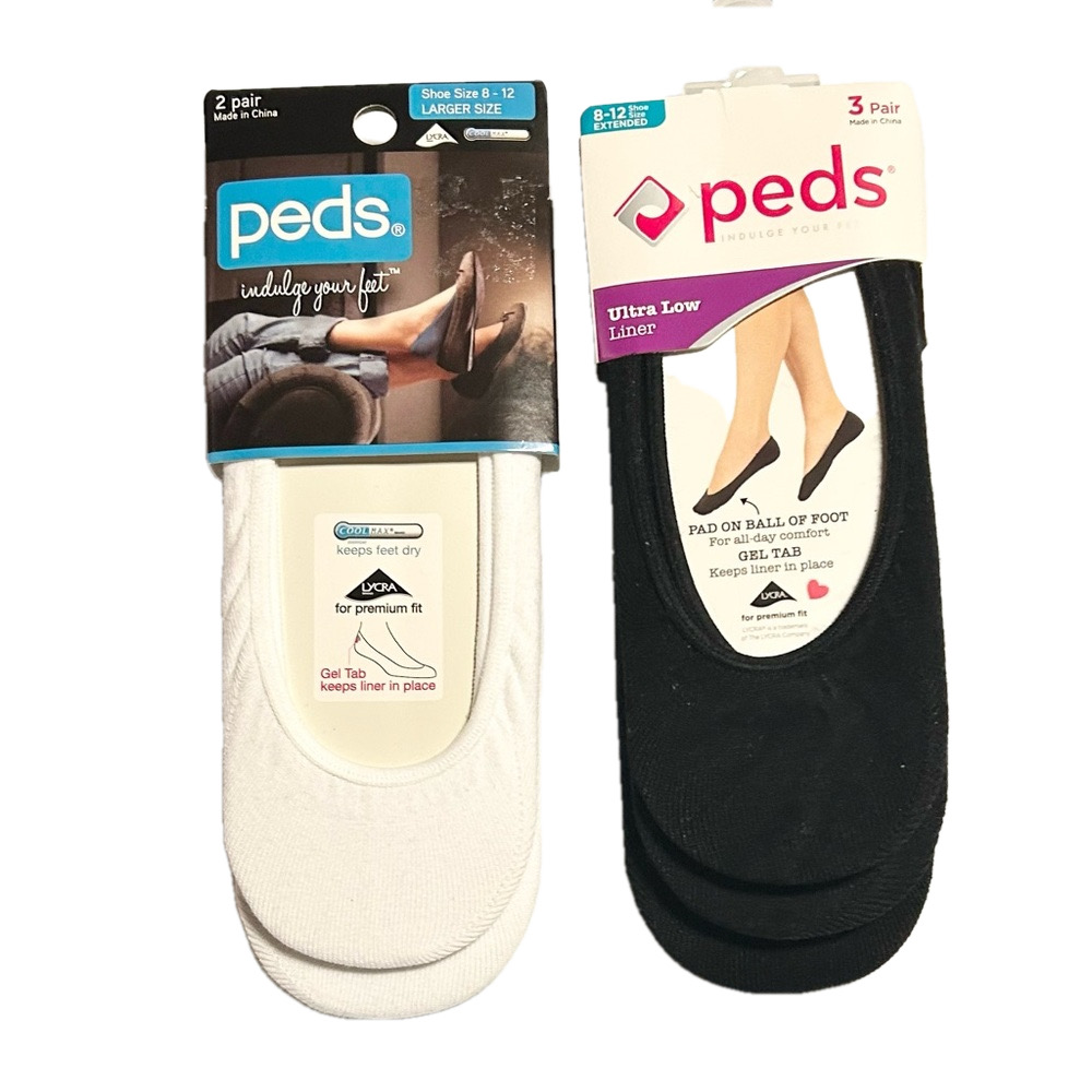 Peds 5 Pairs of Woman’s Liners 3 Black 2 White Shoe Size 8 - 12 NWT